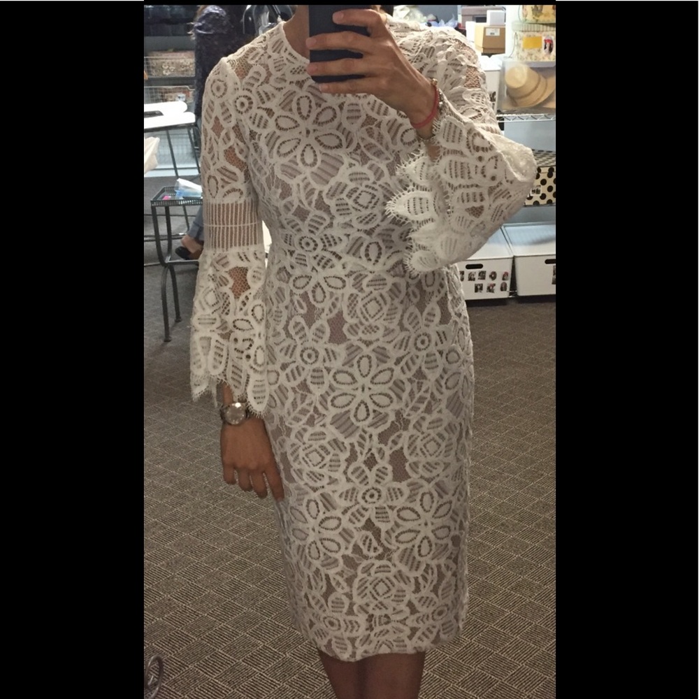Lela Rose below the knee white lace dress